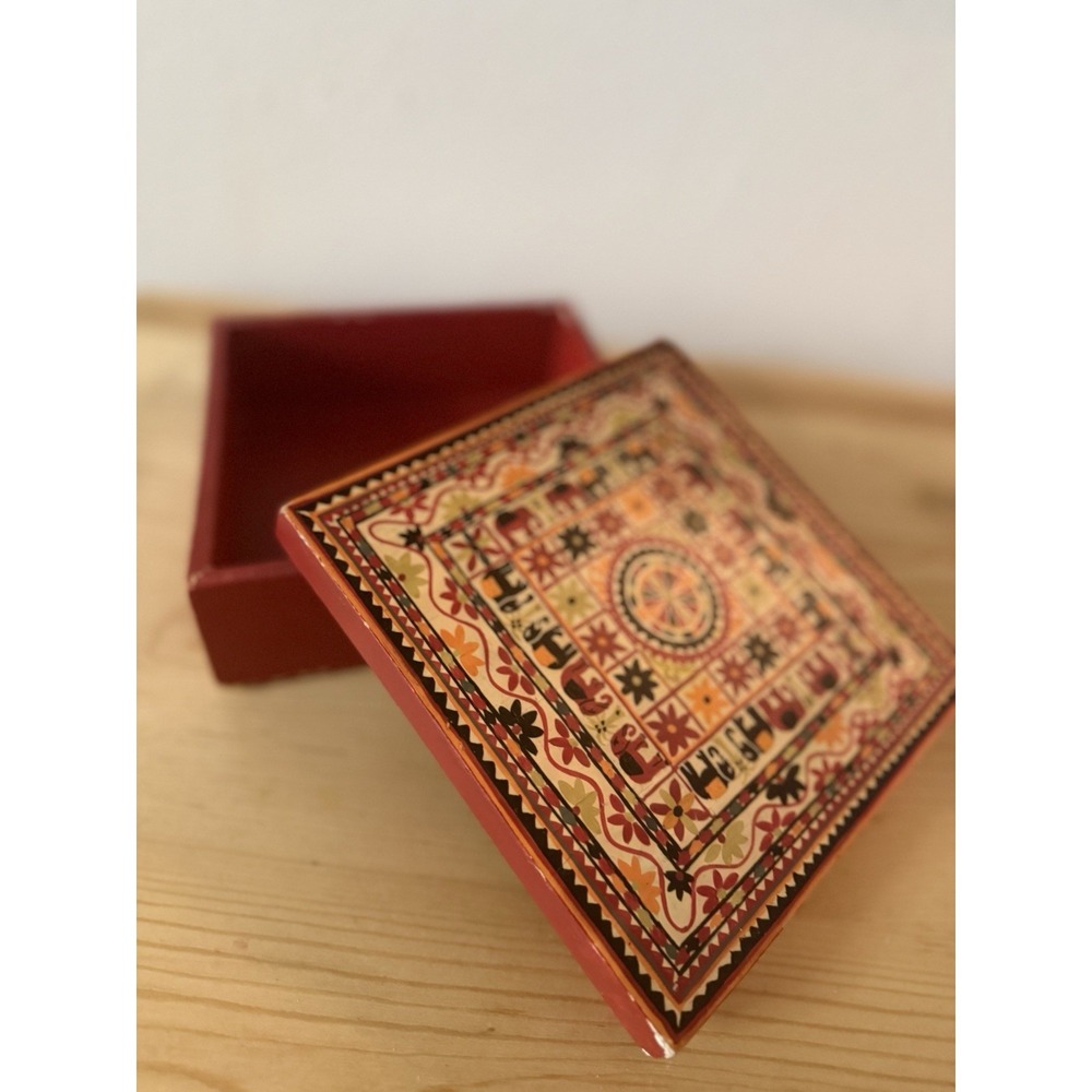 Vintage Wood Square Box w/ Lid Red Painted Elephant & Floral Design Boho Ethnic